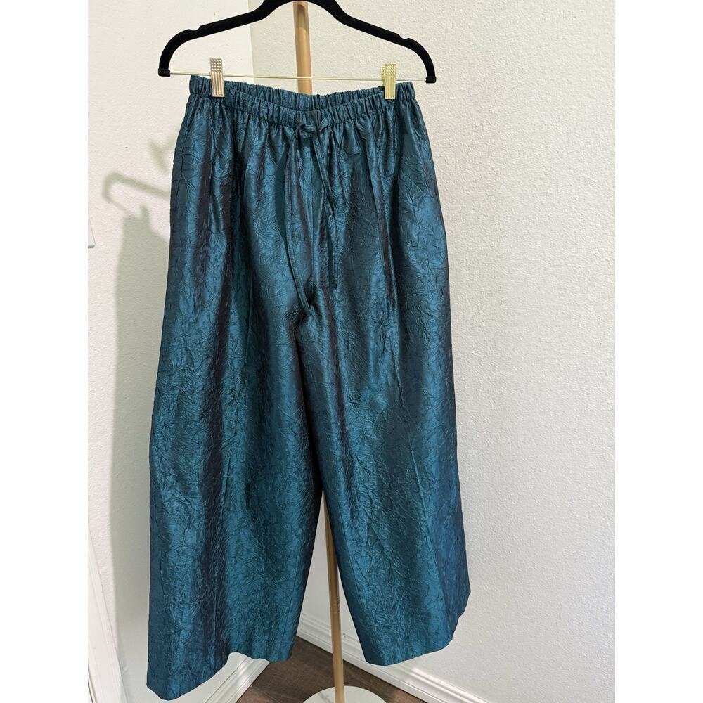 Lorain Croft‎ Silk Crinkled Blue Pants Size L Drawstring Waist Elegant Classy